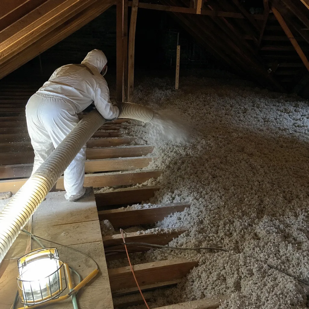 Worker installing blown-in cellulose attic insulation