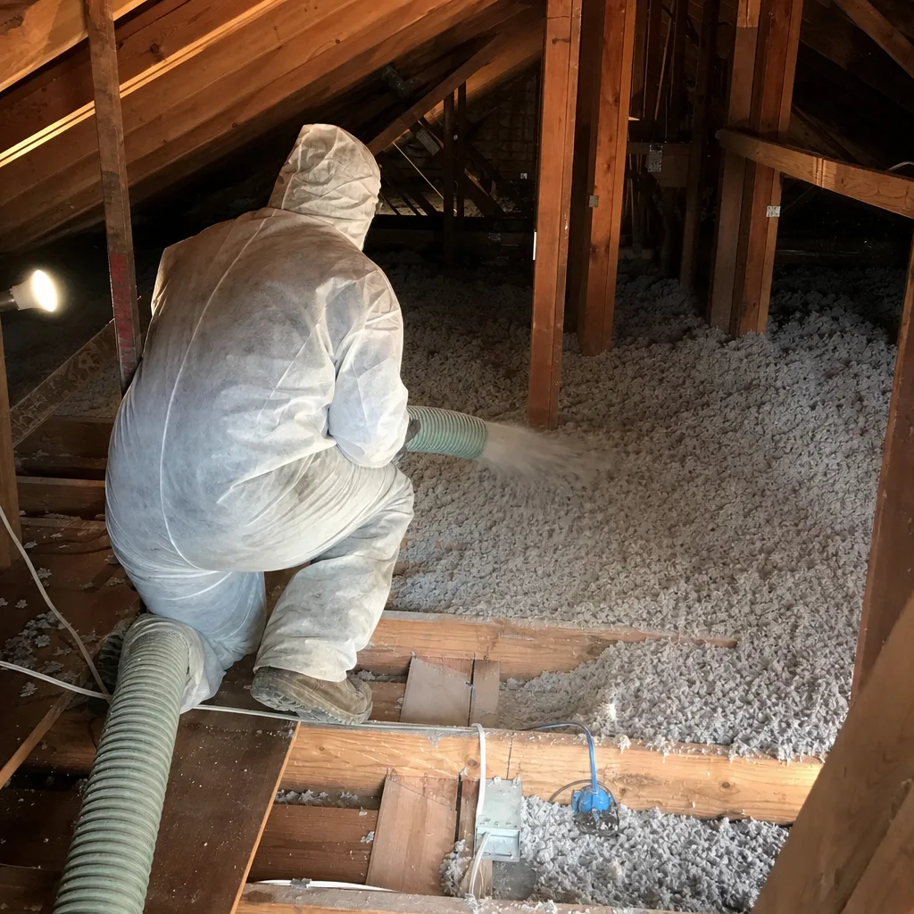 Technician installing blown-in attic insulation in a residential home