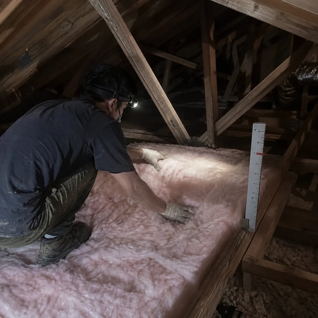 Professional technician installing pink fiberglass insulation in an attic