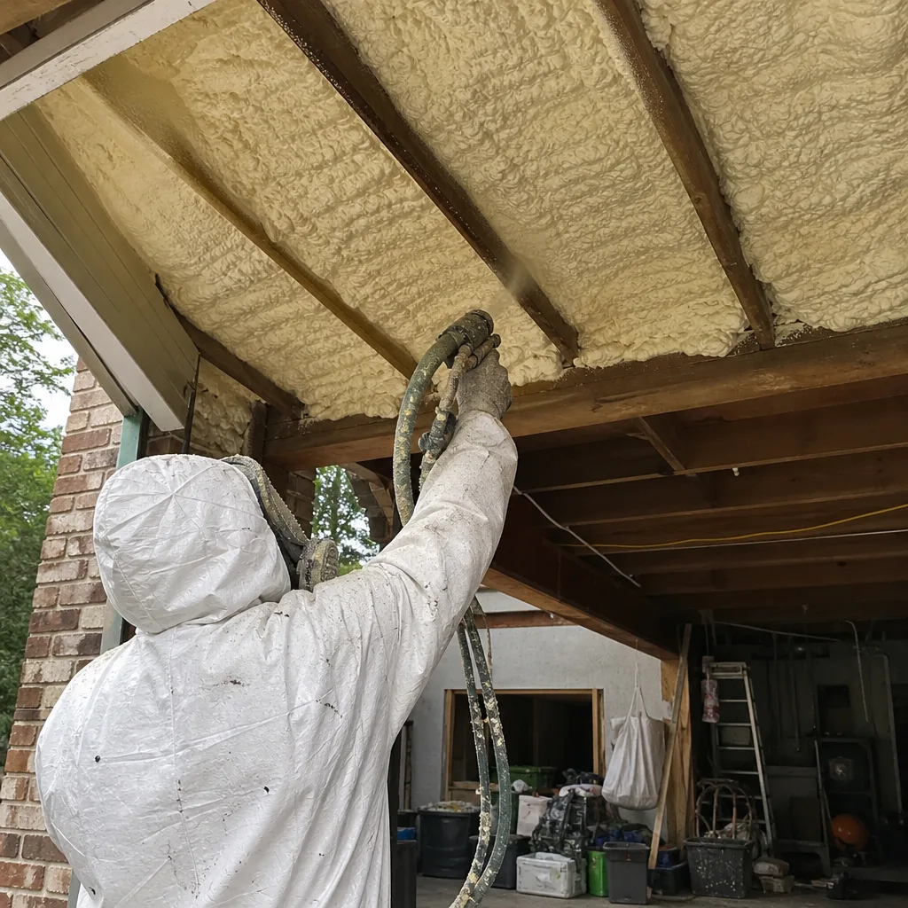 Worker applying spray foam insulation to a residential building ceiling